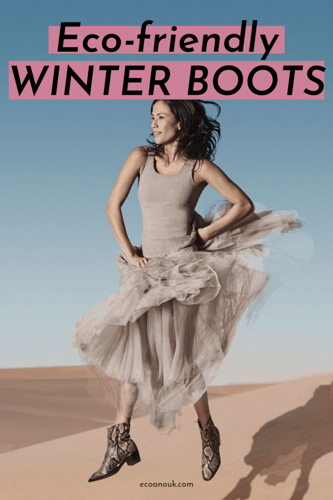 eco friendly winter boots worn by a woman in the desert
