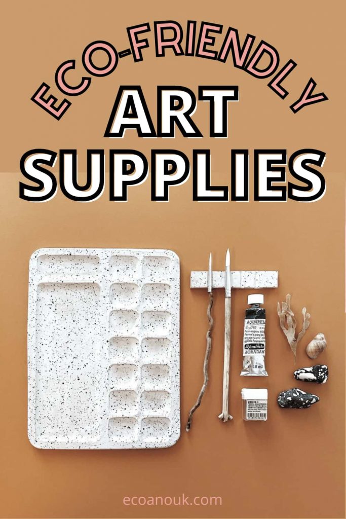 set of eco-friendly art supplies, including ceramic palette, non-toxic paints, FSC-certified brushes, etc.