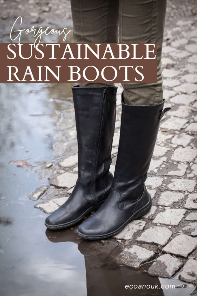 woman in sustainable rain boots about to step into a puddle