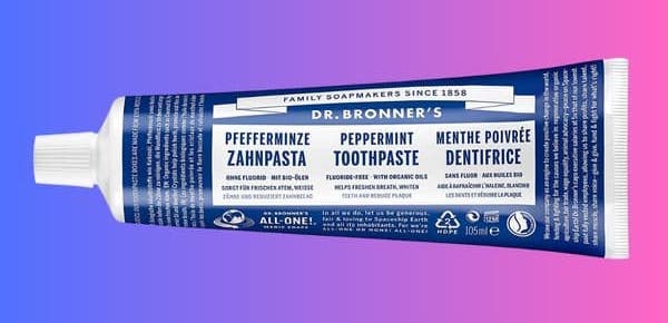 Dr. Bronner's toothpaste tube, which is biodegradable